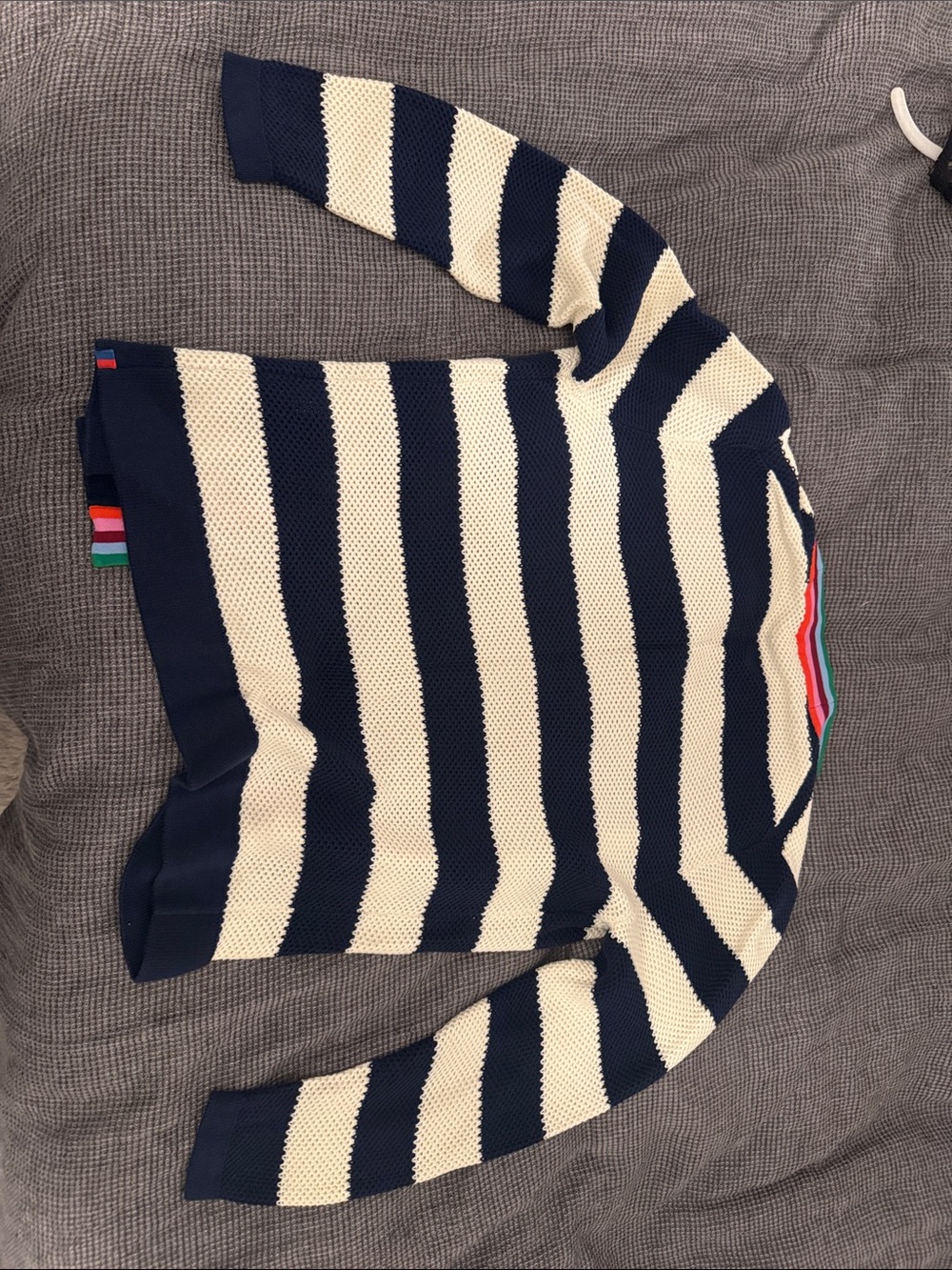 KULE raven Navy and Cream Striped Cardigan with Multicolor Trim - Picture 3 of 5
